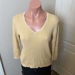 Lauren by Ralph Lauren Cotton Cable Knit Half Sleeve V-Neck Yellow Sweater Sz S